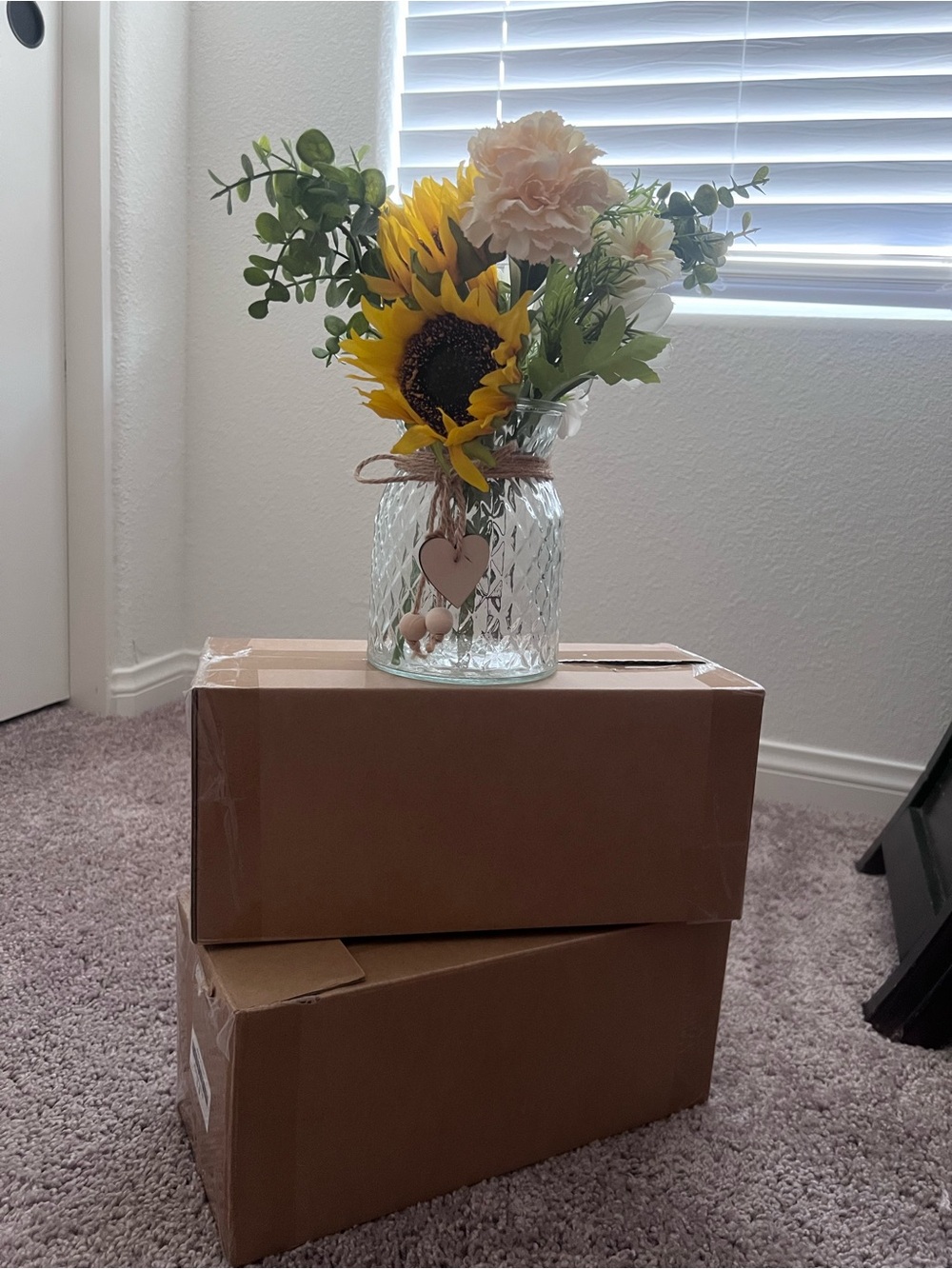 Clear Textured Glass Vase with Yellow Sunflower Arrangement - Unbranded